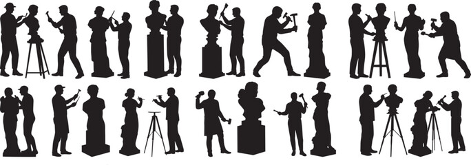 Silhouette art of sculptors creating sculptures, carving stone and shaping artistic creations, vector