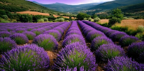 Fototapeta premium Lavendar Fields in Bloom Under a Vibrant Sunset in Southern France