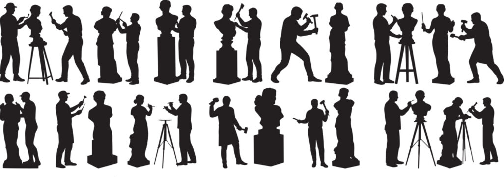 Naklejki Silhouette art of sculptors creating sculptures, carving stone and shaping artistic creations, vector