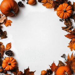 Fototapeta premium Autumn Harvest Display With Pumpkins and Colorful Leaves on a Neutral Background
