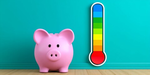 A savings milestone thermometer graphic taped to a wall reaching the top