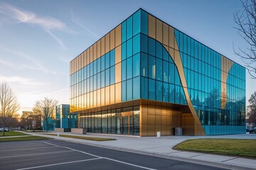 Fototapeta premium Vibrant Corporate Building Featuring Distinct Cyan and Gold Panels Under Bright Blue Sky