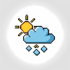 Fototapeta premium Pixelated Weather Icon: A cheerful pixel art illustration of the sun emerging from behind a fluffy cloud, with raindrops, conveying a message about change in the weather
