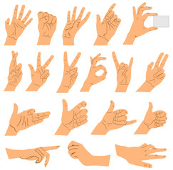 Different hand gestures. flat illustration of female hands in various situations. Design elements set  for infographics, web, internet, presentation
