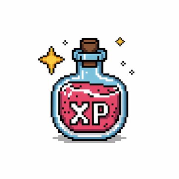 Pixelated XP Potion: A vibrant pixel art illustration showcases a magical potion bottle, shimmering with an inscription of 'XP', evoking the essence of digital gaming and adventure.