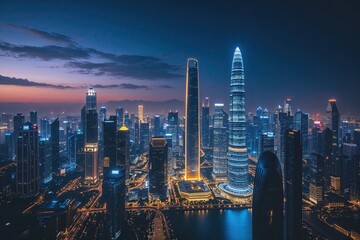 Obraz premium Metropolis Skyline at Night Illuminated Modern Skyscraper Design
