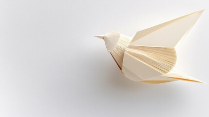 Photograph of a paper bird made from folded paper. the bird is in the shape of a dove, with its wings spread out and its head turned to the side.