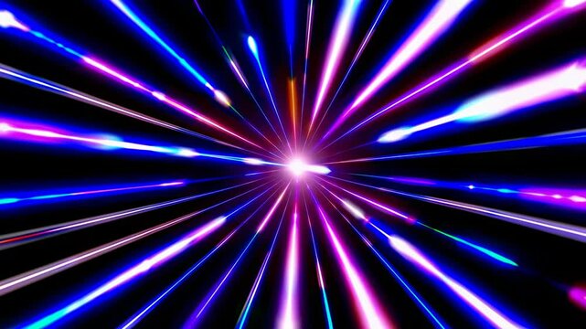 Multicolored neon rays converge from center radiating energy speed sensation dynamic focus excitement future digital technology event exhilaration stimulation