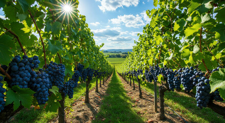 Naklejka premium Sunlit Vineyard Rows with Ripe Grapes on a Clear Summer Day