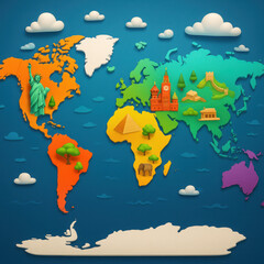 Colorful world map illustration, vibrant countries and continents outlined, perfect for educational or travel-themed materials.