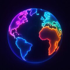Colorful neon globe illustration, vibrant earth depiction in glowing colors, highlights global connectivity and technology, copy-space available.