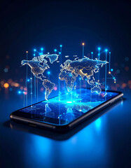 Smartphone projection digital 3D map with glowing data points, tech-style workspace