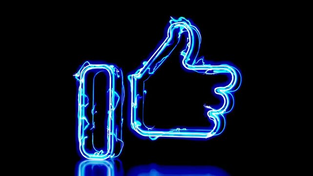 Blue neon outline of thumbs up symbol on dark background reinforces positivity social approval online engagement feedback concept recognition trend