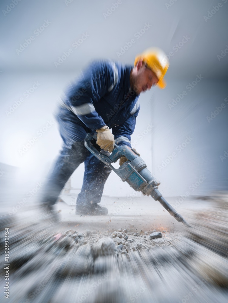 Poster worker operates jackhammer in a clean urban space with motion blur effect during construction activi