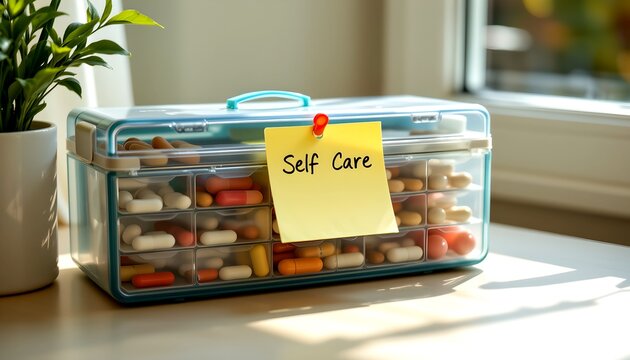 "pill organizer with ‘self care' sticky note, morning sunlight, minimalist, space for text on top., blank space for text overlay"