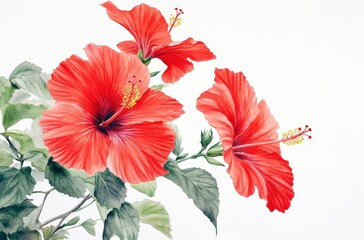 Bright red hibiscus flower with green foliage on white