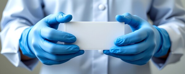 "gloved hands holding covid test kit, professional ad style, copy space on bottom."