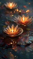Floating Lotus Candles Illuminate Tranquil Water During Evening Festival Celebration