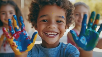 Smiling child showing painted hands