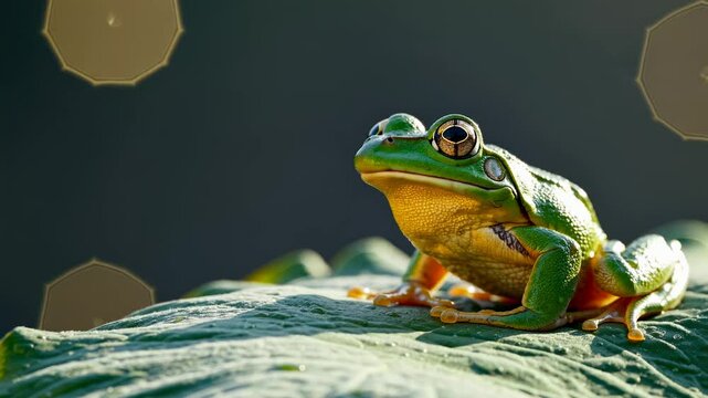 Bright green frog with striking colorful eyes sits alert among lush green leaf patterns conveying curiosity and silent observation