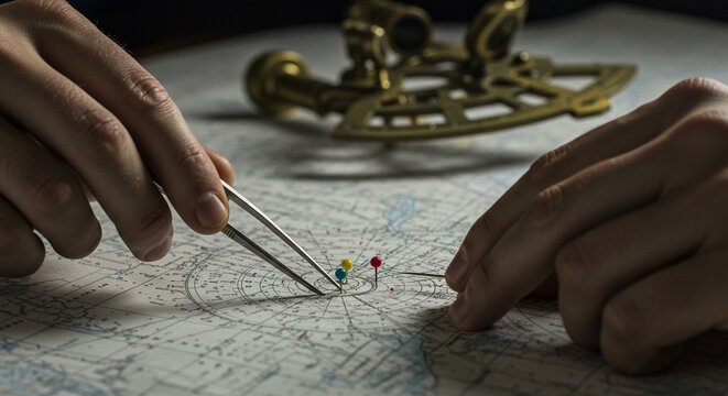 Hands manipulate metallic tweezers navigating chart with pins in nautical planning scene mapping course detail