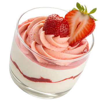 Light strawberry cheesecake mousse in a clear glass, swirled with strawberry sauce, topped with a heart-shaped strawberry slice, transparent background
