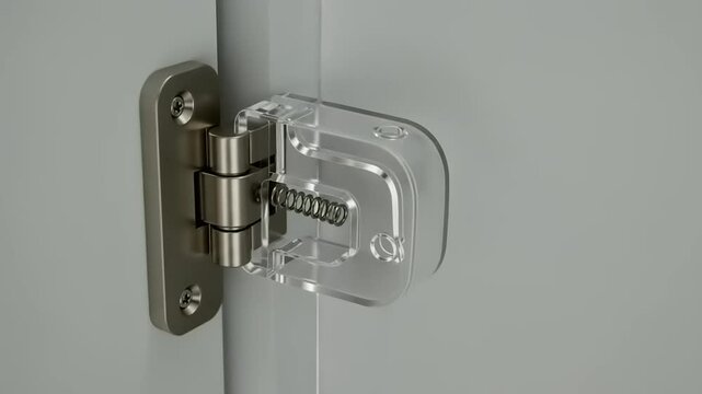 Transparent door hinge showcasing modern design and functionality in a bright interior setting