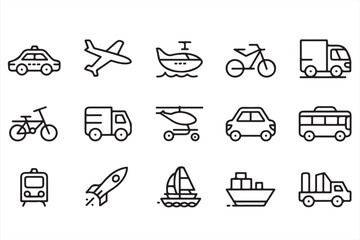 Set of Transportation Icons in Outline Style - Includes Cars, Bicycles, Planes, Boats, Trucks, and More