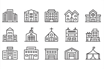 Illustrated Outline Icons of Skyscrapers, Homes, and Retail Stores