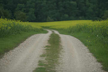Naklejka premium Curving gravel road through yellow wildflower field leading to green forest under soft overcast light