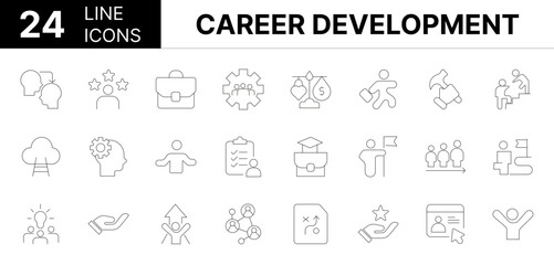 Collection of 24 Career Development line icons featuring editable strokes. These outline icons depict various modes of Career Development, resume, time management, certificate, life events, briefcase,