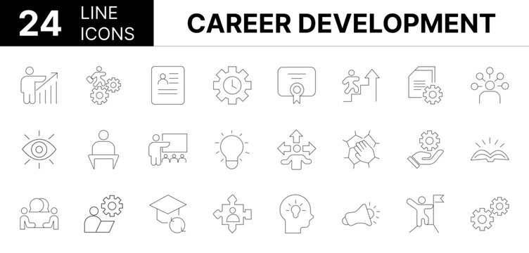 Collection of 24 Career Development line icons featuring editable strokes. These outline icons depict various modes of Career Development, resume, time management, certificate, life events, briefcase,