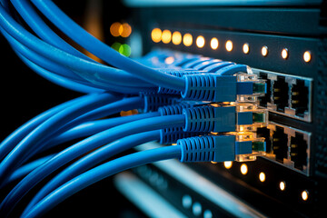 Close-up of vibrant blue ethernet cables plugged into a network switch with glowing indicator lights

