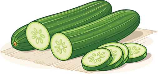Cucumber and cucumber slice on cutting board in white background vector design, Cucumber vector design