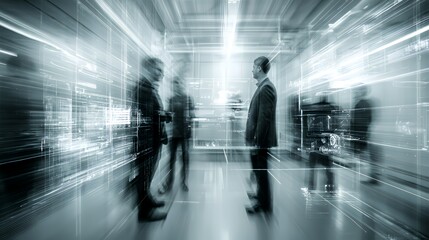 Business people engaging in a meeting with digital technology overlays. The image conveys concepts of innovation, connection and futuristic collaboration