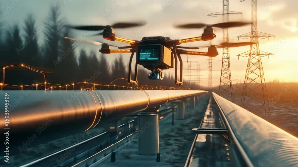 Poster Drone inspecting an oil pipeline at sunset, featuring a data overlay that highlights flow and pressure, illustrating technology's role in monitoring critical infrastructure