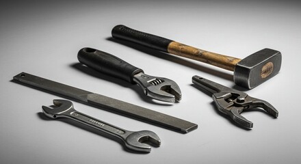 Assorted tools lie flat arranged together on plain surface