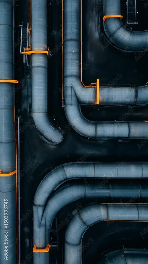 Poster Industrial refinery aerial revealing extensive pipeline network, transporting petroleum products across intricate metal infrastructure with precise engineering complexity