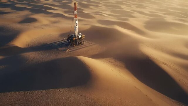Oil rig is extracting fossil fuels in a vast desert environment, highlighting the impact of resource extraction on fragile ecosystems and the global energy landscape