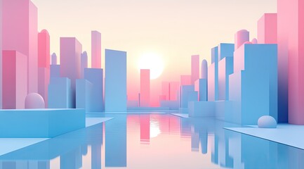 Fototapeta premium Pastel cityscape at dawn, reflecting in a calm river. Geometric, vibrant, and serene