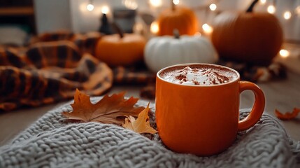 Warm Orange Mug of Hot Chocolate Surrounded by Pumpkins and Autumn Leaves During a Cozy Fall Evening
