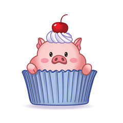 Cute vector illustration of a cupcake pig with a cherry on its head. Perfect for birthday invitations and posters.