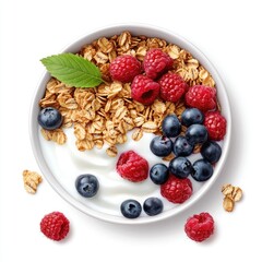 Creamy yogurt topped with granola, blueberries, and raspberries in a bowl, garnished with a mint leaf