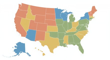 Obraz premium US Regional Map: A Color-Coded Overview of the United States
