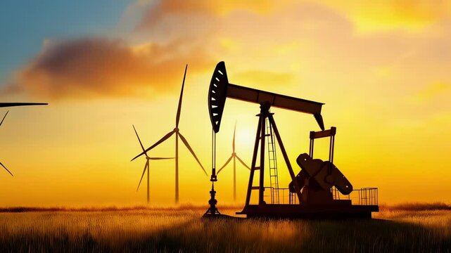 Oil pump extracting crude oil and wind turbines generating electricity in a wheat field at sunset, symbolizing the transition to renewable energy and the need for energy security