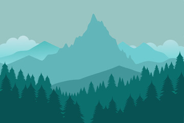 flat design of fog creeping through pine wood 