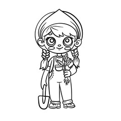 Cute cartoon gardener girl holding carrots in overalls and bandana outline