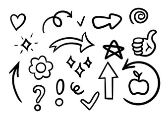 Black and white doodle set: arrows, stars, and symbols for creative design
