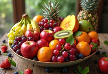 vibrant fruit array floating above rustic wooden table freshness colorful display apples oranges bananas grapes berries kiwi mango pineapple, pear, pomegranate