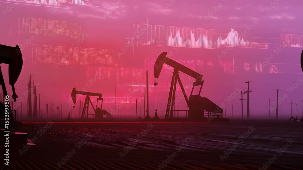 Aufkleber oil pumps extracting crude oil at sunset with stock market data and binary code displayed in a futur